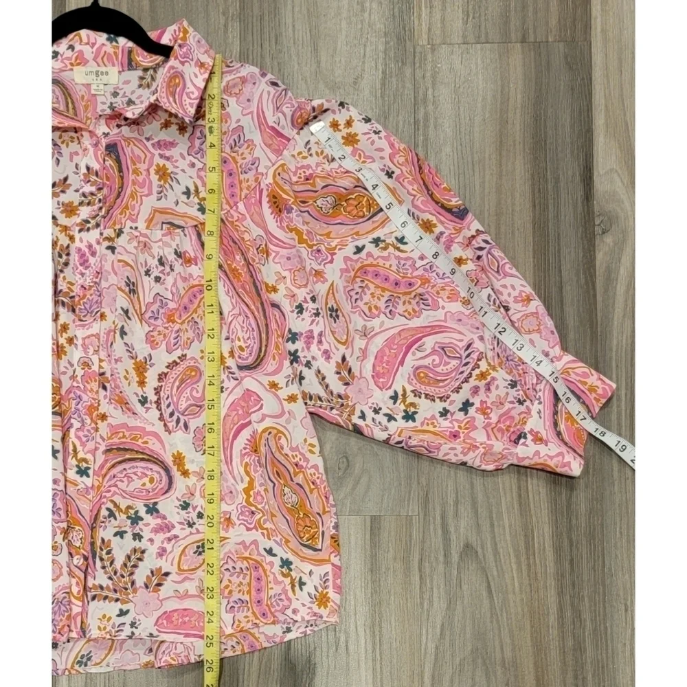 Umgee Pink Paisley Collared Button-Down Blouse Shirt Medium Lightweight - Picture 8 of 10
